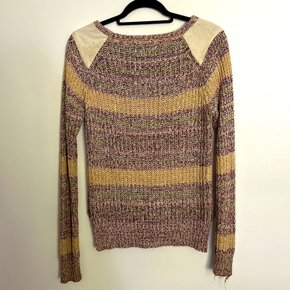 Scotch and Soda Striped Knit Crewneck Sweater with Leather Shoulder Panels - Picture 2 of 6